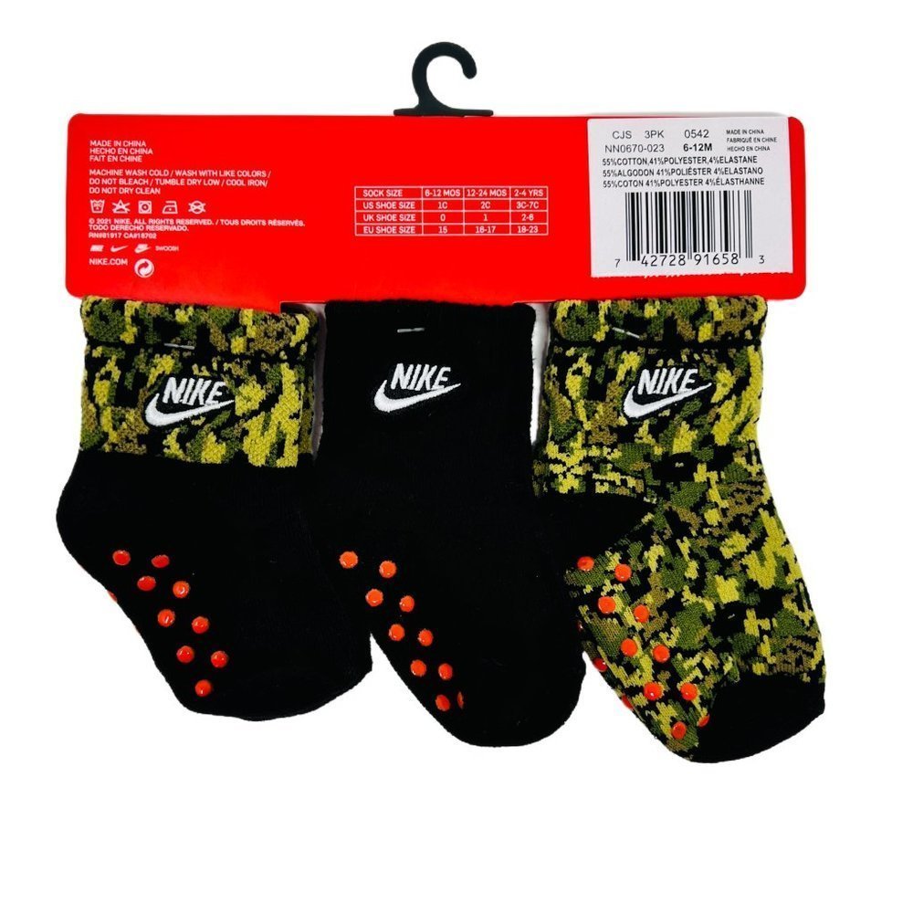 Nike Baby Boy Grippy Green Camo Ankle Socks 3 Pack - Picture 6 of 8